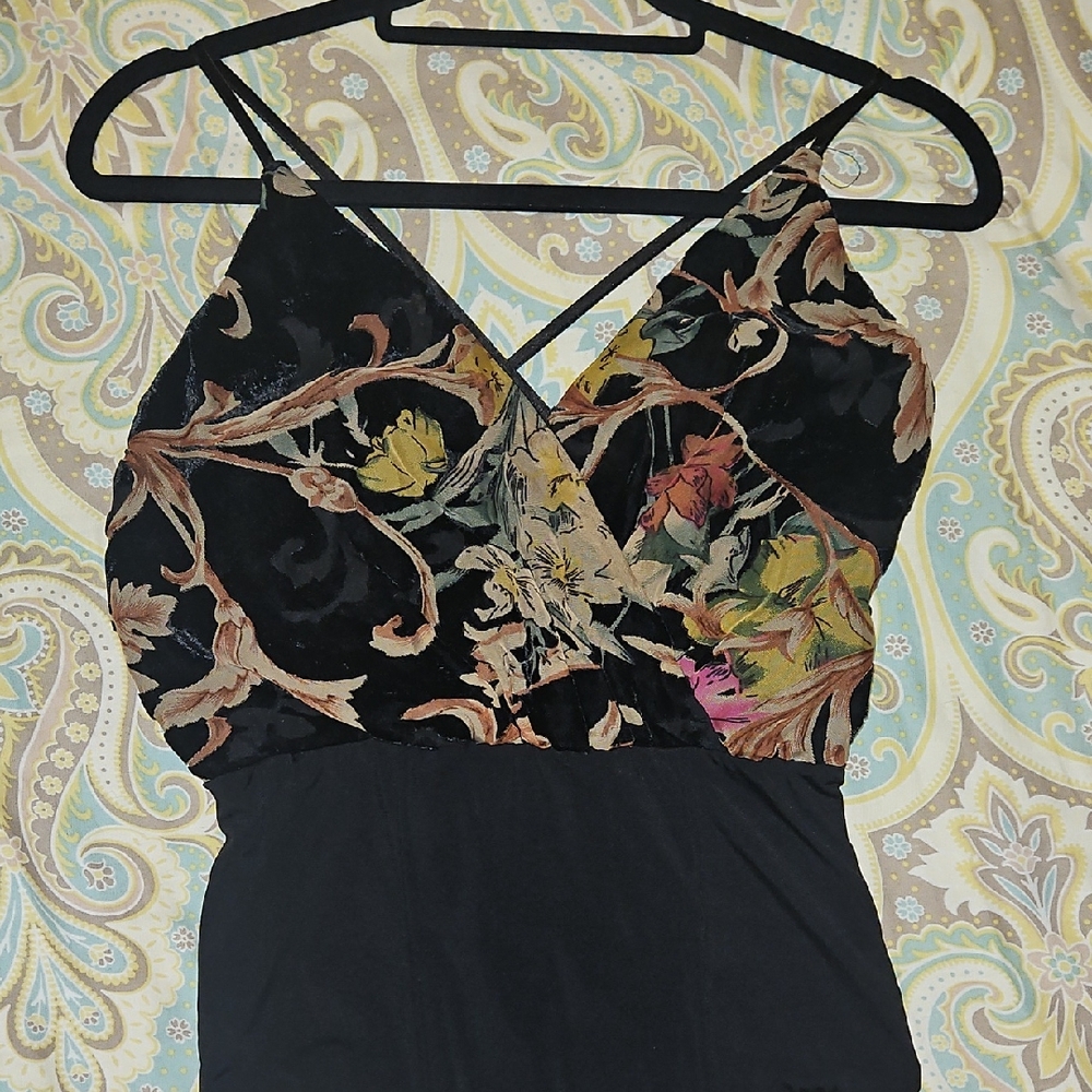 Bebe Black and Floral Velvet Dress